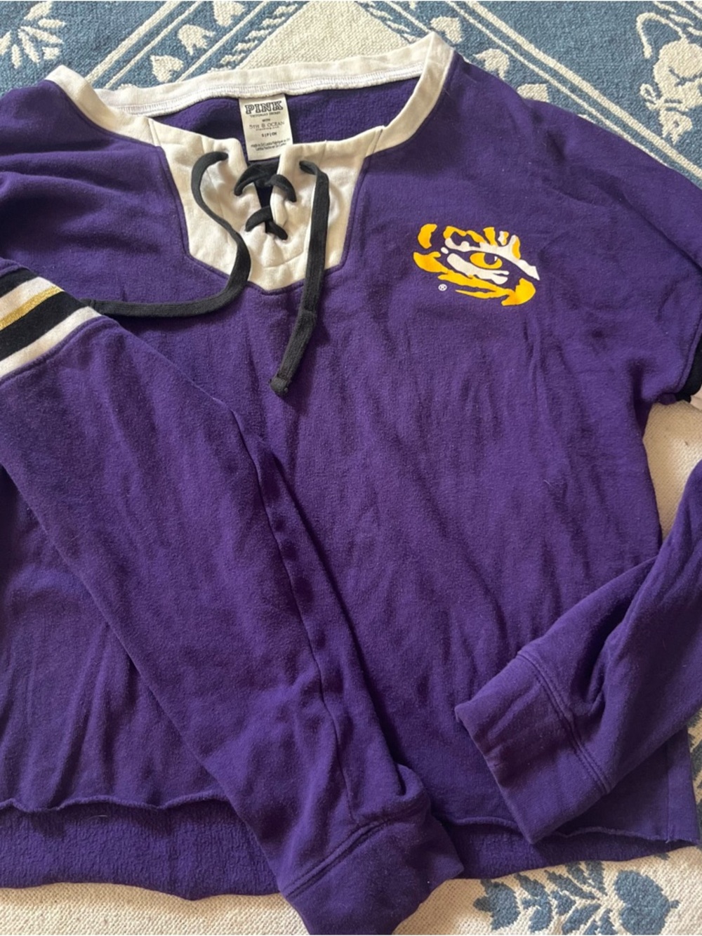 VS PINK collegiate collection LSU TIGERS jersey style lace up v neck graphic swe